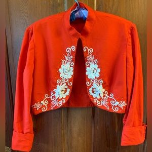 Vintage Red Bolero Jacket With  White Embroidery, Rhinestones, & pearls.